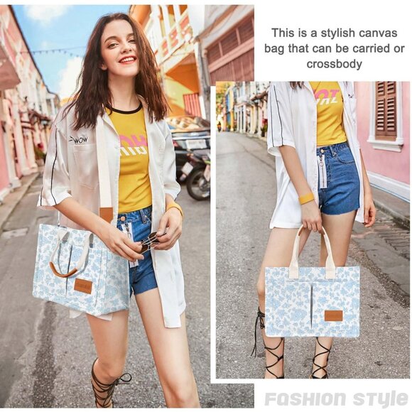 Elegant Women's Canvas Tote Bag with Multi Pockets - Perfect for Work & Travel - Picture 2 of 6